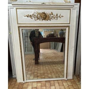 Louis XVI Style Painted And Gilded Wooden Overmantel Mirror With Musical Attributes 