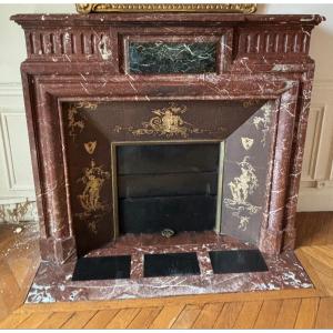 Antique Louis XIII Style Fireplace With A Hood, Made Of Red Marble, Late 19th Century 
