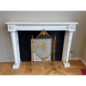 Antique Louis XVI Style Fireplace In White Marble With Columns And Rosettes