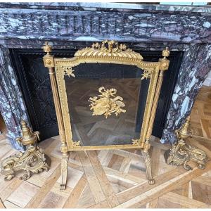Antique Louis XVI Style Gilt Bronze Fireplace Screen Made At The End Of The 19th Century  