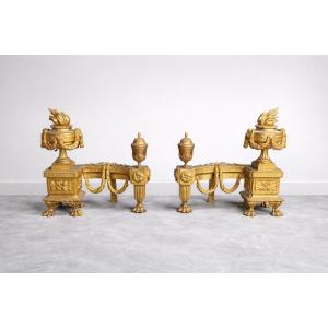 Important Pair Of Gilt Bronze Andirons, Louis XVI Style Andirons, France, Late 19th Century