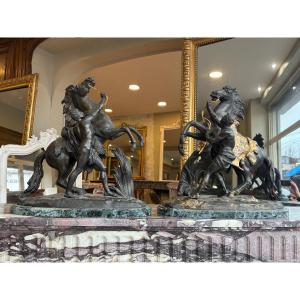 Bronze After Guillaume Coustou (1677–1746) The Horses Of Marly Bronze With Brown And Gilt Patina