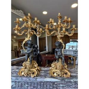Large Pair Of Rococo Style Bronze Candelabra After Clodion, Late 19th Century 