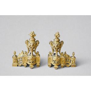 Pair Of Louis XVI Style Chased And Gilded Bronze Andirons, Late 19th Century