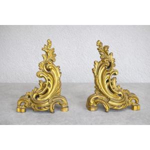 Pair Of Louis XV Style Gilt Bronze Andirons In The Rococo Style, Late 19th Century 
