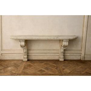 Important Wall Console In Carved Carrara White Marble, Louis XVI Style, 19th Century 