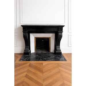 Antique Fireplace In Fine Black Belgian Marble, Empire Style, Dating From The Late 19th Century