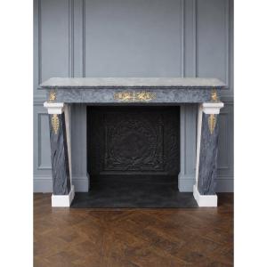 Rare Antique Empire Period Fireplace In Blue Turquin Marble And White Statuary With Bronze