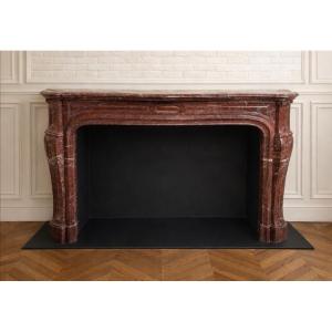 Antique Louis XV Style Fireplace Made Of Griotte Framboiser Marble, Late 19th Century 