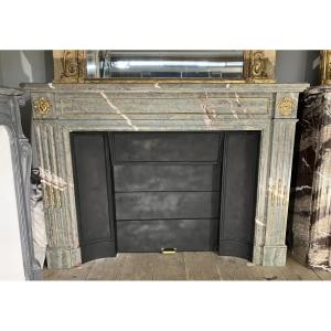 Large Antique Louis XVI Style Fireplace With Green Marble Bronzes.