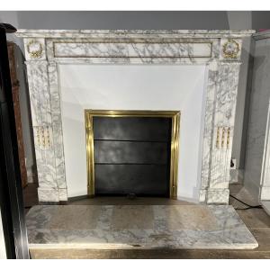 Antique Louis XVI Style Fireplace With Bronze Mounts In White And Grey Marble.