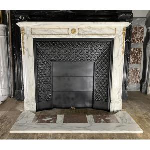 Antique Louis XVI Style Fireplace With Bronze Mounts In Calacatta Marble.