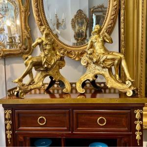 Pair Of Andirons In The Antique In Gilt Bronze From The Eighteenth Century