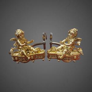 Pair Of Andirons In Bronze With Puttis Period XIX Ieme