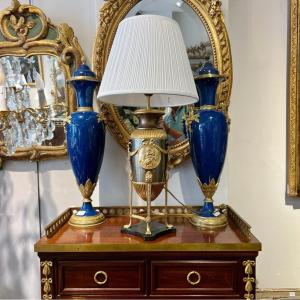 Empire Style Lamp In Gilt Bronze And Brown Patina With A Marble Base Period 19th Century