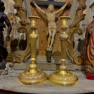 Large Pair Of Candlesticks In Gilt Bronze From The Restoration Period From The 19th Century 