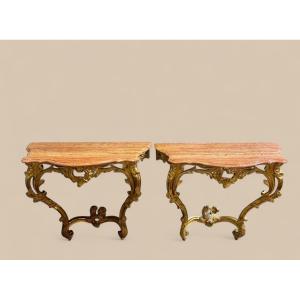 Pair Of Louis XV Style Consoles, Giltwood And Orange Marble Tops, 19th Century