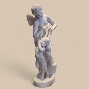 Carrara Marble Sculpture, 19th Century – Psyche And Cupid, Signed Pugi