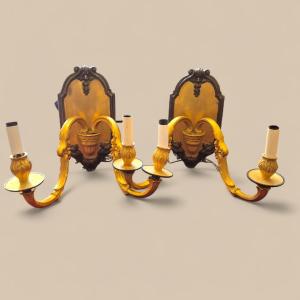 Pair Of Large Two-light Gilt Bronze Wall Sconces, Louis XV Style, Circa 1900