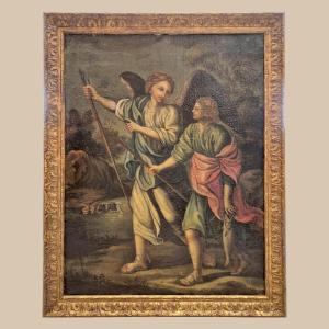The Archangel Raphael And Tobias, 17th Century School, Oil Painting On Canvas