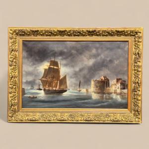 View Of Le Havre, Marine Oil On Canvas, Signed Ed. Adam, 1904