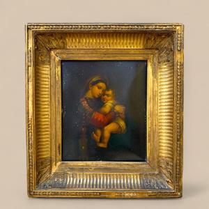 Madonna And Child, Oil On Metal In A Gilt Frame, After Raphael, 19th Century