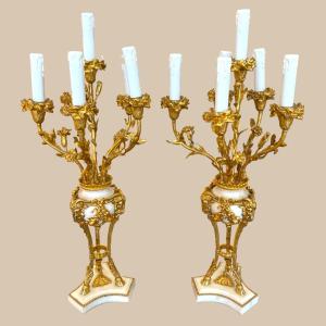 Pair Of Six-branch Candelabra In Gilt Bronze And Carrara Marble – 19th Century