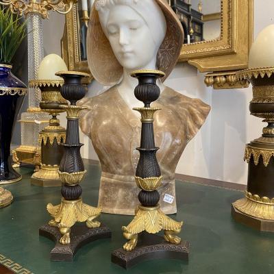 Pair Of Empire Candlesticks Claw Feet, Mercury Gilding And Brown Patina Beginning XIX Ieme