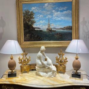 Pair Of Travertine Egg Lamps From The 1970s