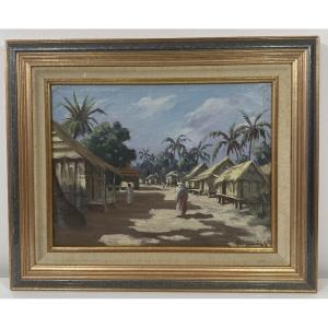 Ambroise Rakoto (xx) Village Scene In Madagascar - Oil On Canvas