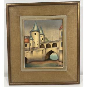 Foussa Itaya (1919) Oil On Canvas School Of Paris Surrealist Architecture / Cubism
