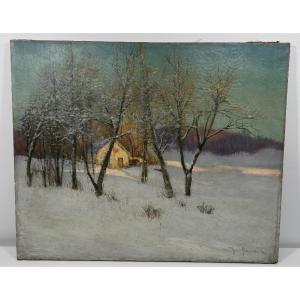 Jean Beauduin (1851-1916) Winter Landscape, Thatched Cottage In The Snow - Oil On Canvas Signed
