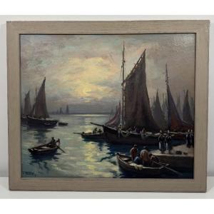 Fortuné Pirazzini (1907-2003) Oil On Canvas Night In The Port - Finistère Brittany