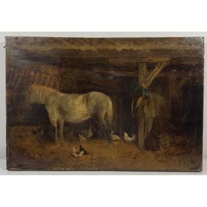 Alexandre Defaux (1826-1900) Oil On Canvas - Stable Scene With Grey Horse Provenance