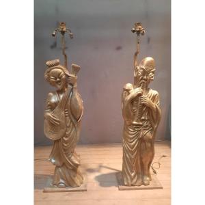 Pair Of Chinese Musicians Mounted As Lampposts 