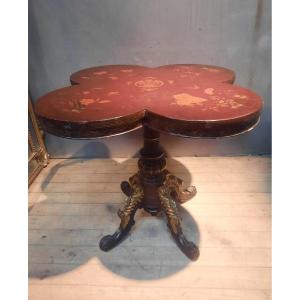 Oriental Lacquer Pedestal Table With Polilobe Top