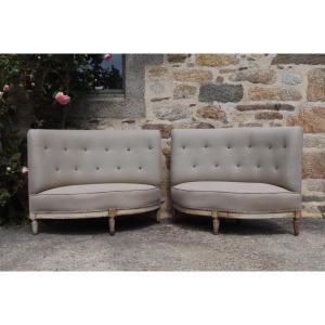 Pair Of Napoleon III Sofa Benches Reupholstered In Natural Linen French Palace 19th Century