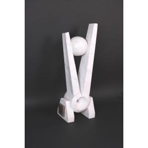 Carrara Marble And Steel Sculpture “new Europe” By Hugo Verheyen, 1980