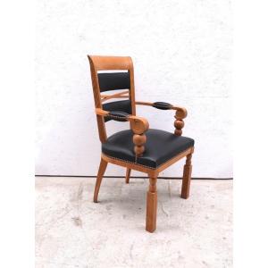Neo Basque Style Armchair By Benjamin Gomez In Solid Oak And Leather, 1940