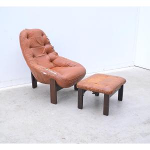 Armchair And Ottoman By Jean Gillon For Probel In Leather And Teak, Brazil 1970  