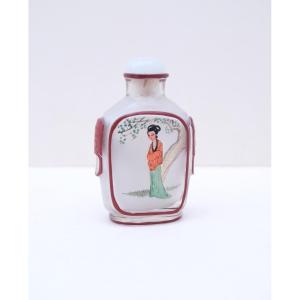 Glass Snuff Bottles With Figure And Rooster Decor, China, 20th Century