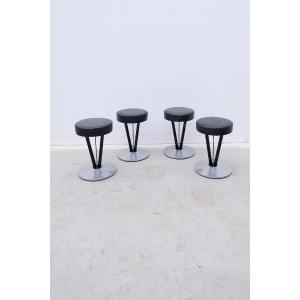 Set Of 4 "dry Martin" Model Stools By Pedro Miralles For Akaba In Metal And Leather, 1980