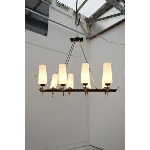 Brass And Opaline Chandelier, France 1950
