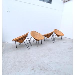 Set Of 4 Rattan And Metal Armchairs, France 1950  