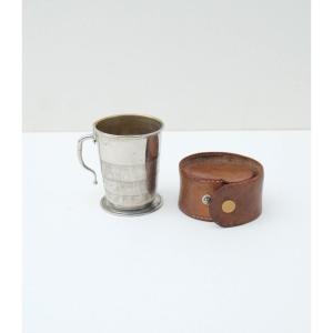 Folding Cup With Movable Handle In Silver-plated Metal, In Its Leather Case, 1930  