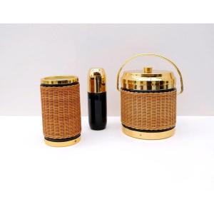 Rattan And Chrome Ice Bucket And Bottle Set And Shaker, France 1970  