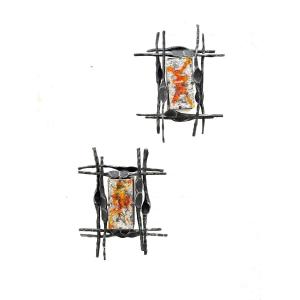 Pair Of Wall Lights By Tom Ahlstrom & Hans Ehrlich In Wrought Iron And Murano Glass, Sweden 1960  