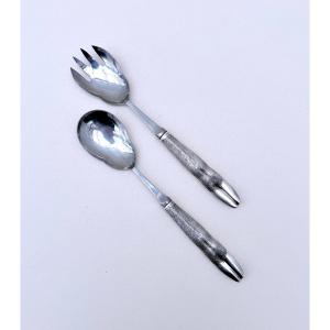 Christian Dior Salad Servers With 925 Sterling Silver And Stainless Steel Handles, Italy   