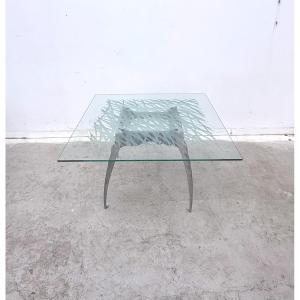 Dining Table By Bernard Dequet For Protis France Design In Cast Aluminum And Leather, 1980