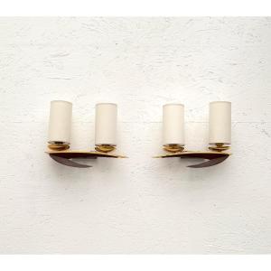 Pair Of Scandinavian Teak Wall Sconces With Fabric Shades, 1970  